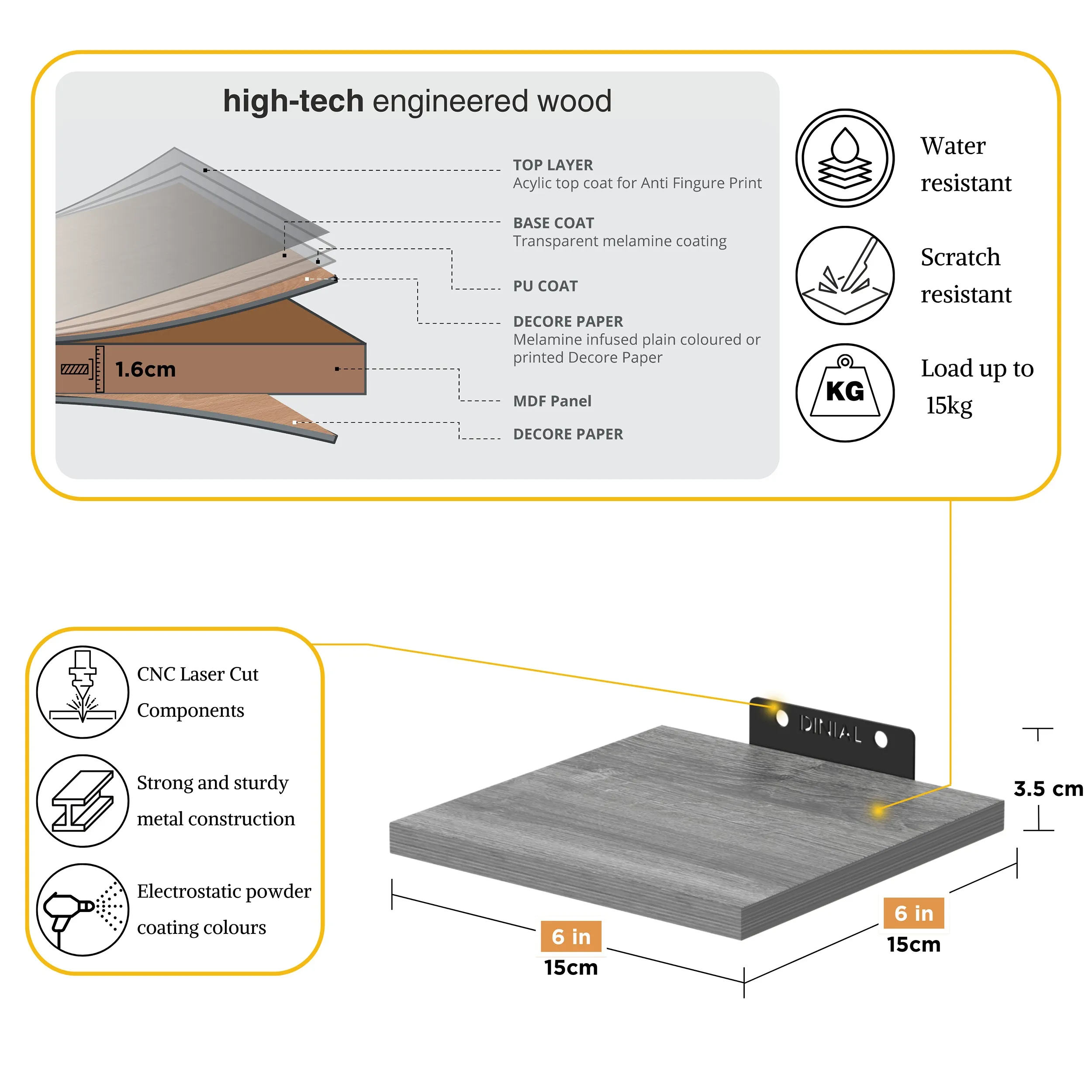 شلف دیواری دینیال مدل هرمی کد DN1515 مجموعه پنج عددی - تصویر 2